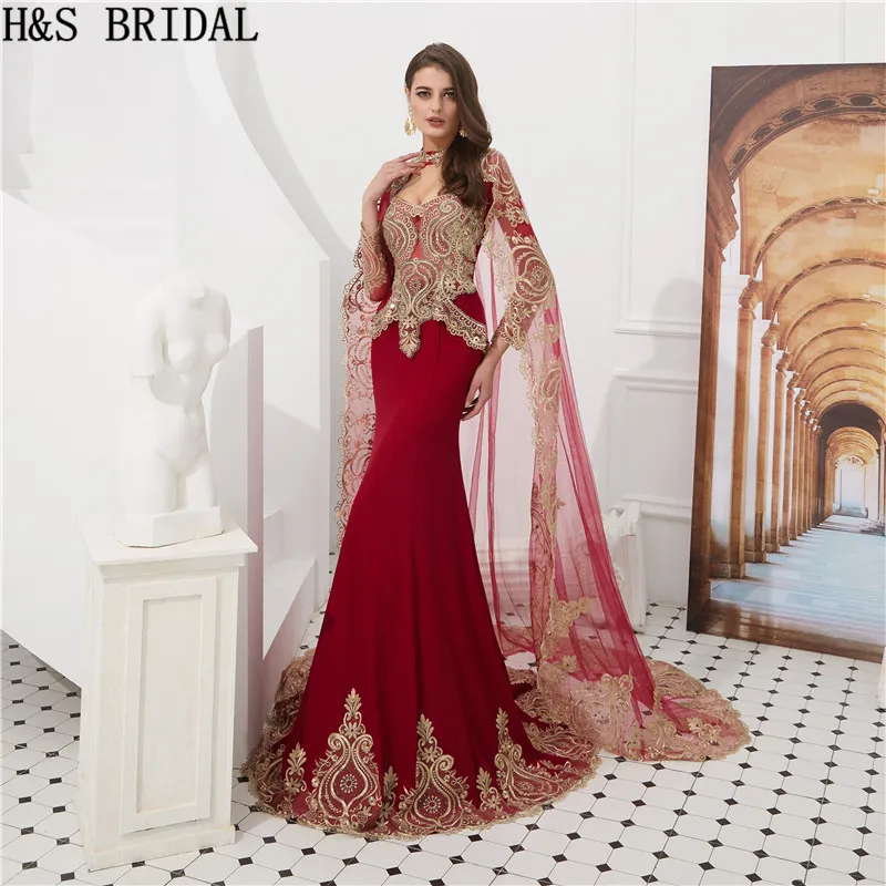 Muslim evening dresses with wrap long sleeve burgundy mermaid islamic arabic evening prom dress vestidos de fiesta 2018 evening gowns