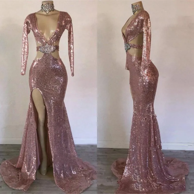 Sexy Rose Gold Mermaid Prom Dresses V profundo Neck lantejoulas cristal High Side Dividir partido desgaste formal da noite Vestidos Vestidos