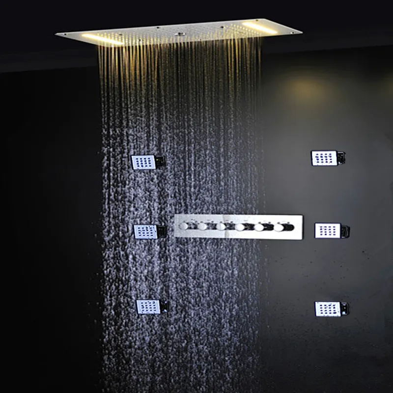 Sistema de ducha mezclador frío y caliente para baño, lujo SUS304, cascada, lluvia, SPA, niebla, techo, lluvia grande, juego de ducha Led