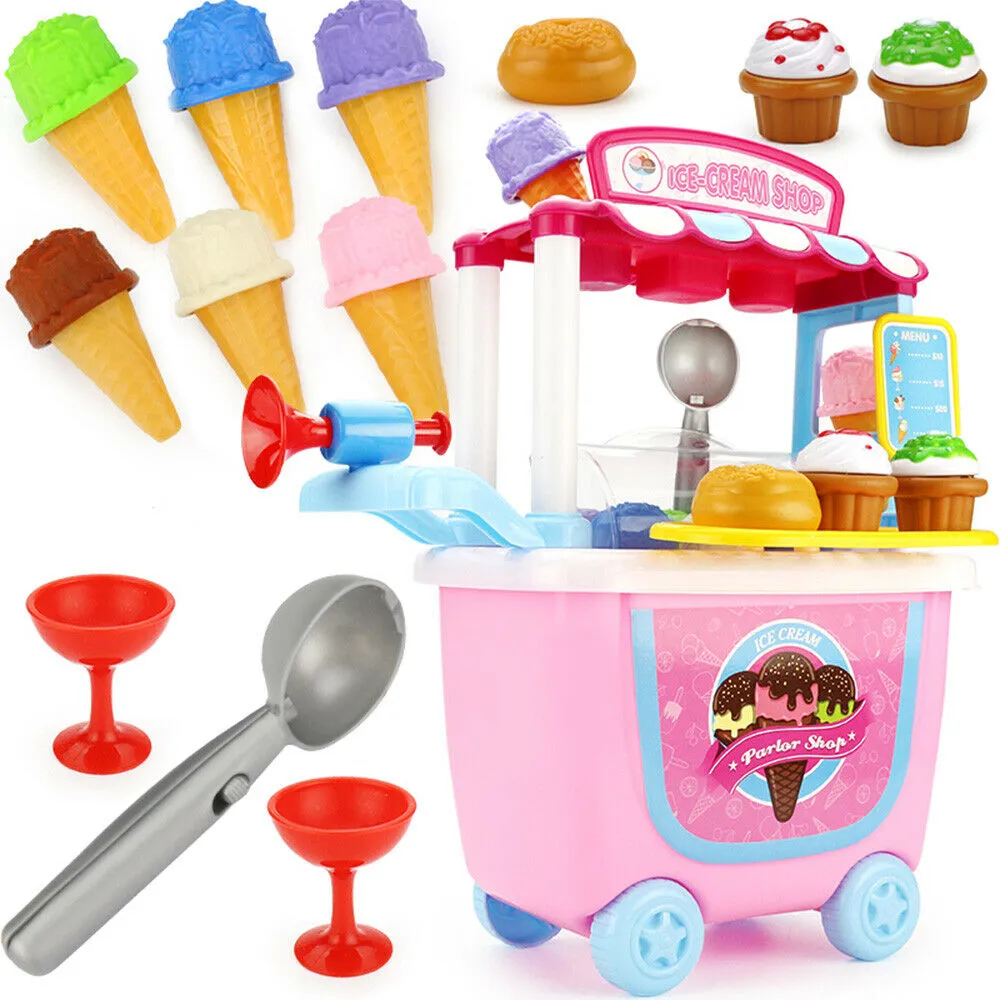 31ピースアイスクリームおもちゃデザートショップおもちゃアイスクリームショップトロリー遊ぶ子供のおもちゃがホイールで設定