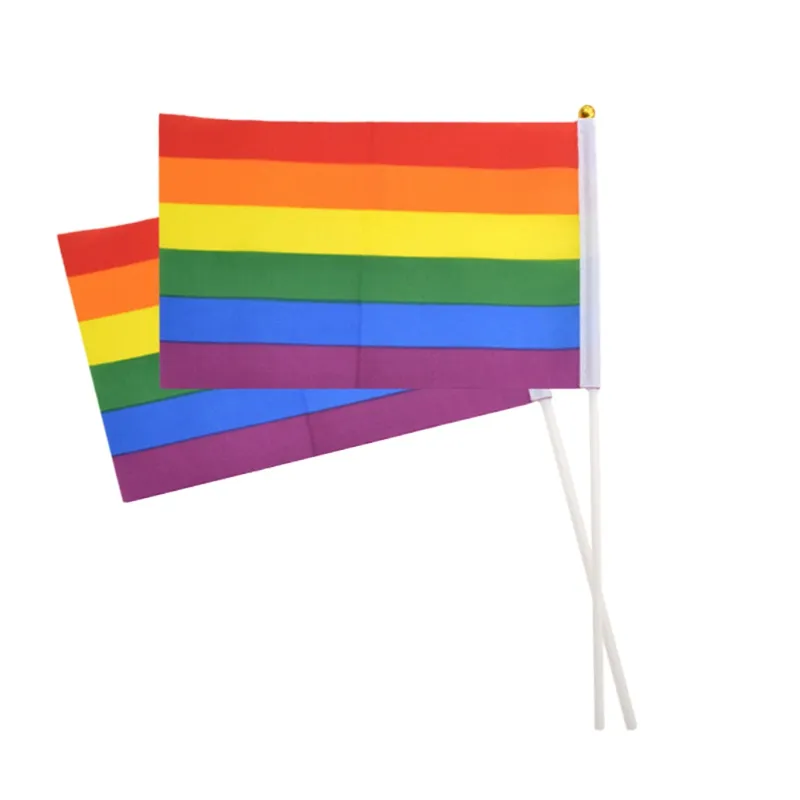 heißer Verkauf Regenbogen-Gay-Pride-Stick-Flagge 14 * 21 cm Hand-Mini-Flagge, die Flaggen schwenkt, die mit Goldoberteil verwendet werden