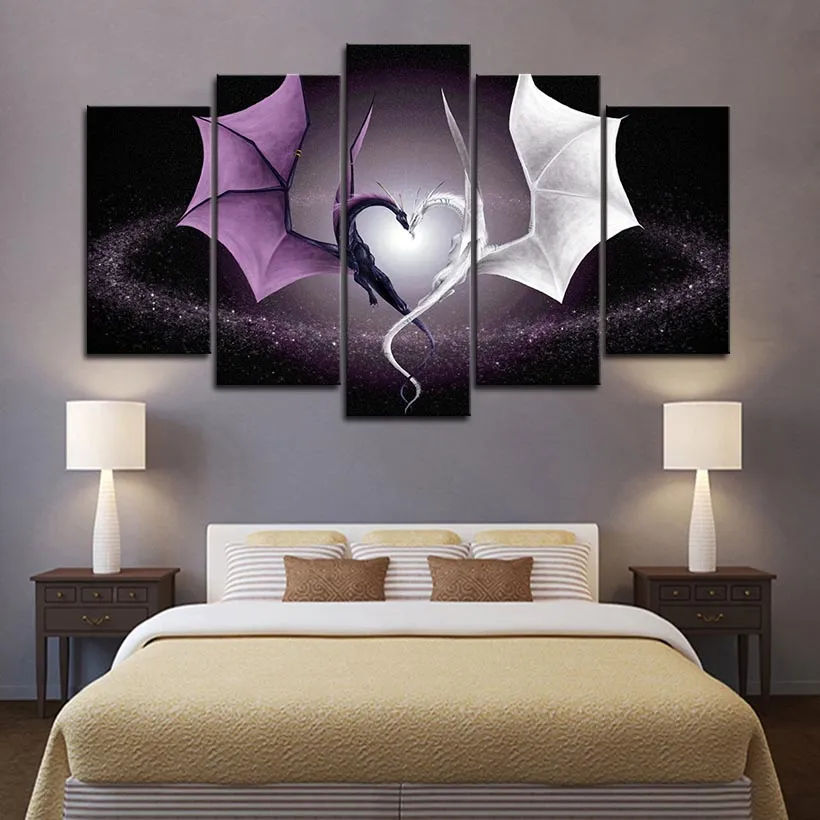 5 peças quadro roxo dragão coração de parede de parede de parede para sala de cama decoração de parede posters e impressões pintura de lona