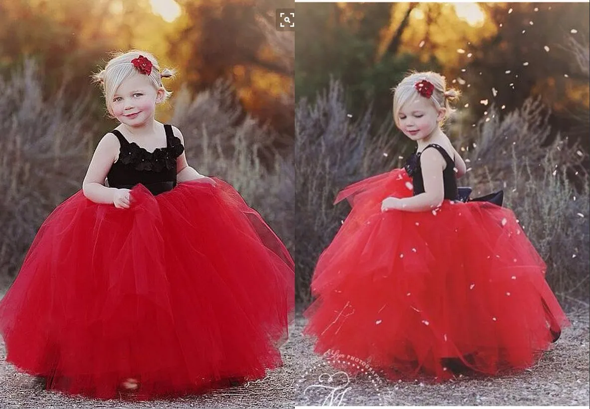 New Red And Black Ball Gown Flower Girl Dresses Tulle Puffy Skirts Tutu Spaghetti Straps WIth Hand Made Floral Kids Pageant Gowns