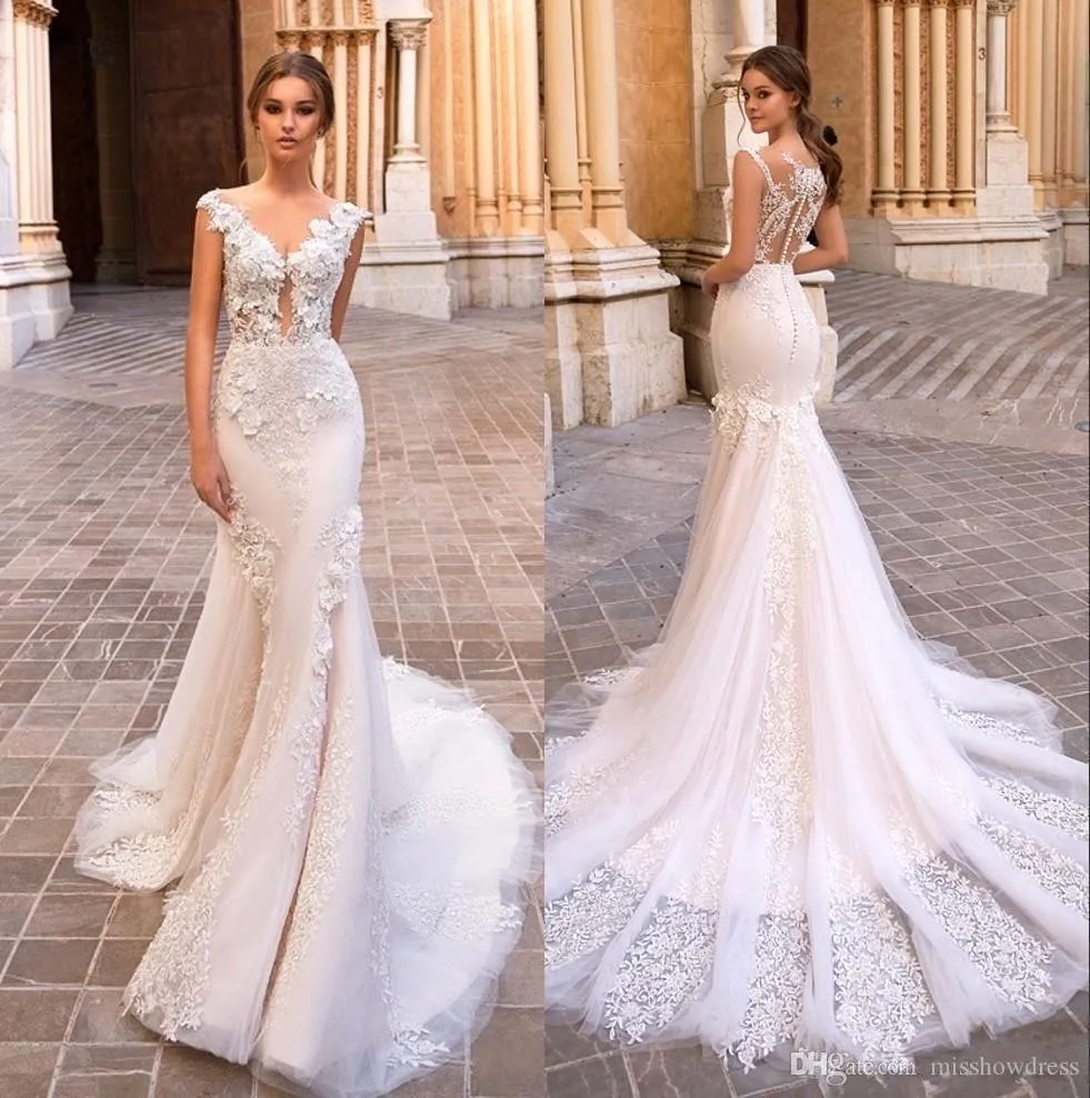 Zarif Dantel Mermaid Gelinlik Tül Aplike Sheer Cap Sleeve Sweep Tren Gelinlik Gelinlikler Düğmeler Ile Robes de Mariée