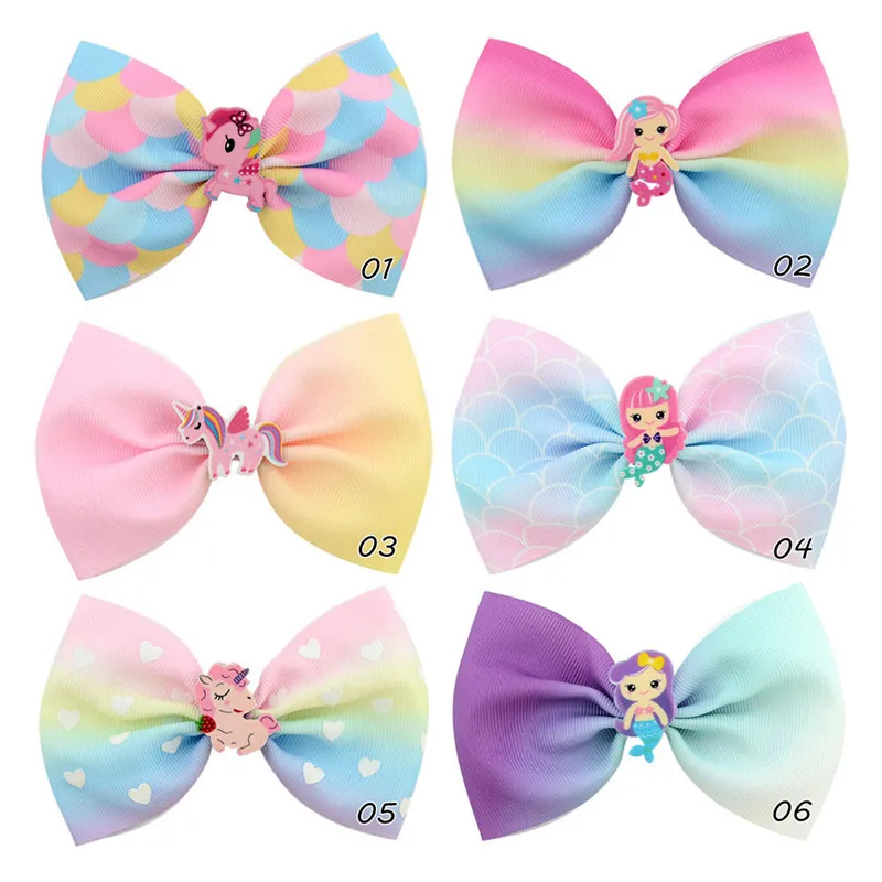 Bow Girl Hair Bows 6 Style 4.5 cali Mermaid Unicorn Rainbow Gradient Girl Clippers Girls Hair Clips Akcesoria do włosów L_OA6876