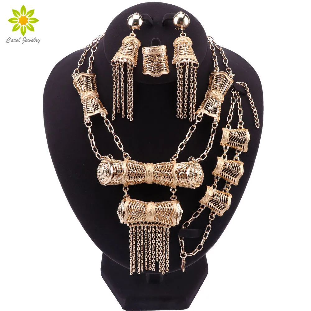 Dubai elegante crystal borla africano grânulos conjuntos de jóias para mulheres cor de ouro casamento colar brincos pulseira anel jóias