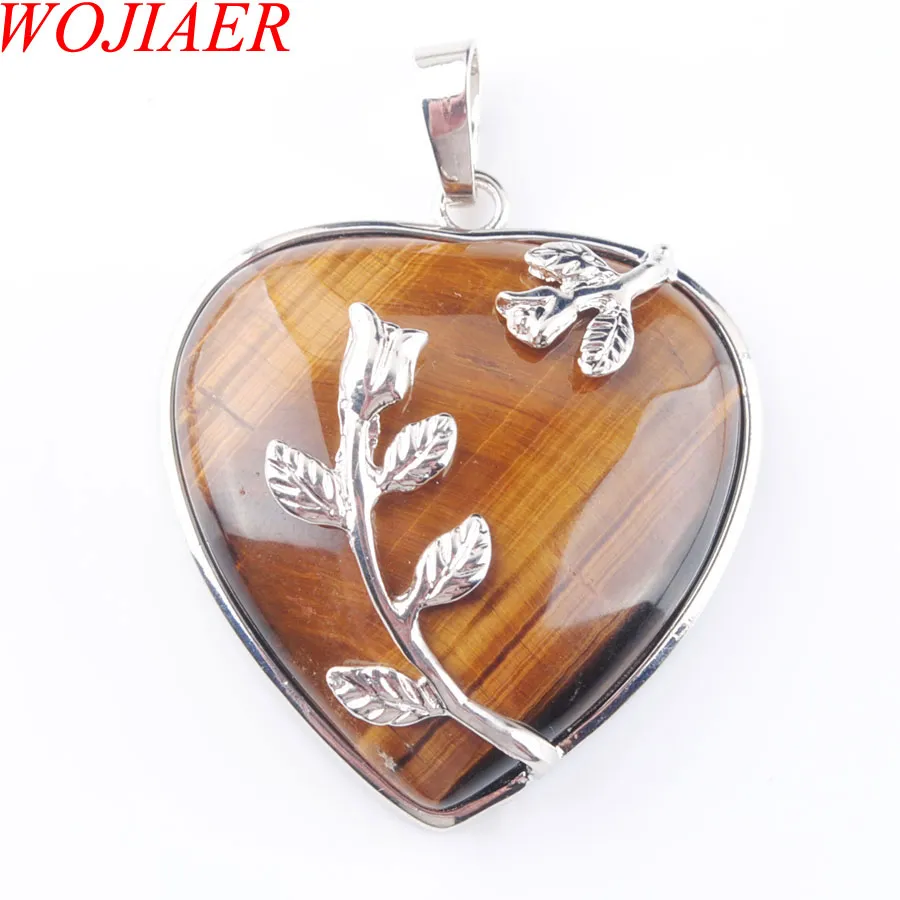 WOJIAER Love Heart Gem Stone Necklaces Pendant Natural Tigers Eye Stone Charms Bohemian Style Women Jewellery N3180