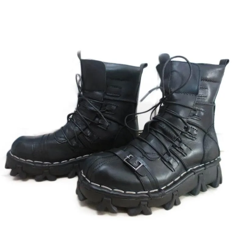 Big size 2019 Ankle Army Boots Men High Military Combat Boots Metal Buckle Punk Male Motorcycle Boots Lace Up Men s Shoes Rock