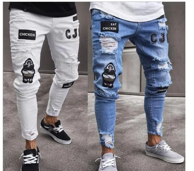 Hommes Jeans con disegno del ricamo strappato Jeans da motociclista slim da uomo Pantaloni lunghi a matita Pantaloni da uomo in denim Hip Hop Streetwear Jeans strappati