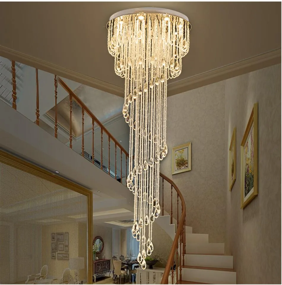 Modern Raindrop Clear Crystal Chandelier Lighting Spiral Stair Chandeliers for Hotel Villa Hall Duplex stairs Stainless steel Lamp