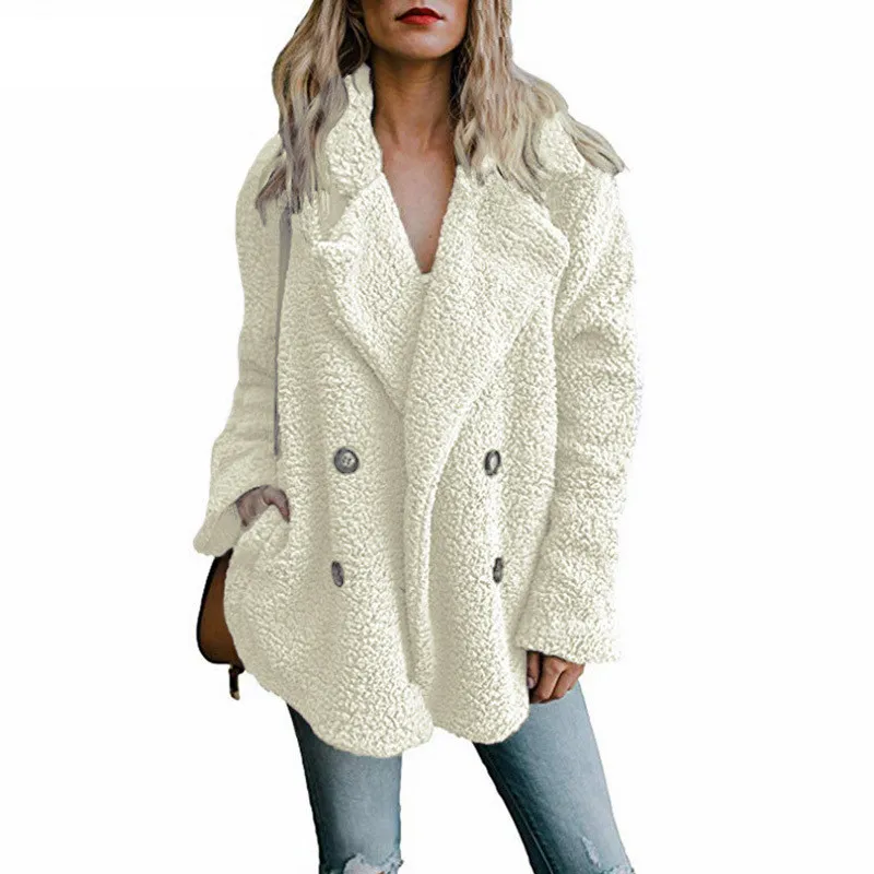 2019 Winter Thick Warm Teddy Coat Woman Lapel Long Sleeve Fluffy Hairy Fake Fur Jackets Female Button Pockets Plus Size Overcoat