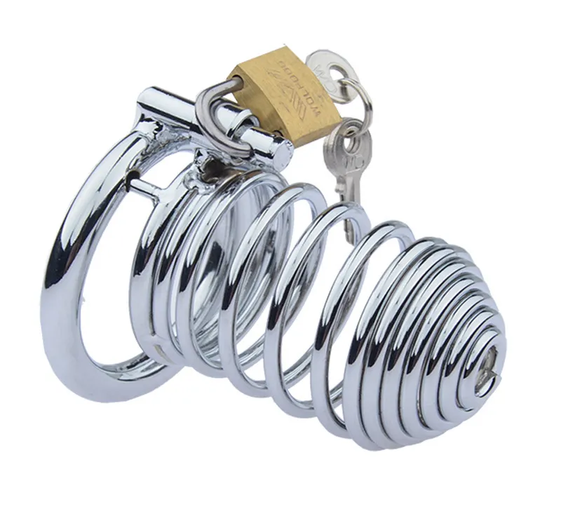 Våren Chastity Devices Belt Male Penis Lock Rostfritt stål Metallkukbur för män med Peniss Rings BDSM Sex Toys