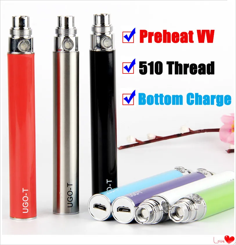 Ego VV Pré-aqueça o vaporizador Pen inferior carregar baterias Variable Voltage eVod Micro USB Charger Vape 1100 mAh UGO T 510 Tópicos E Cigs