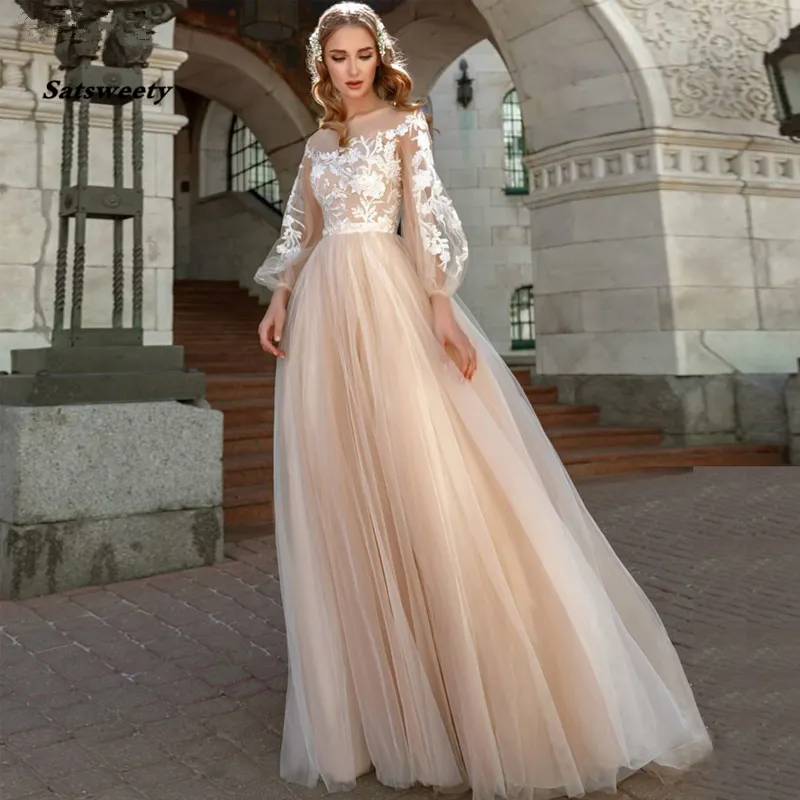 Aplikacje Suknia ślubna A-Line Lampion Rękawy Tulle Boho Suknie ślubne Vestido de Novia Princess Party