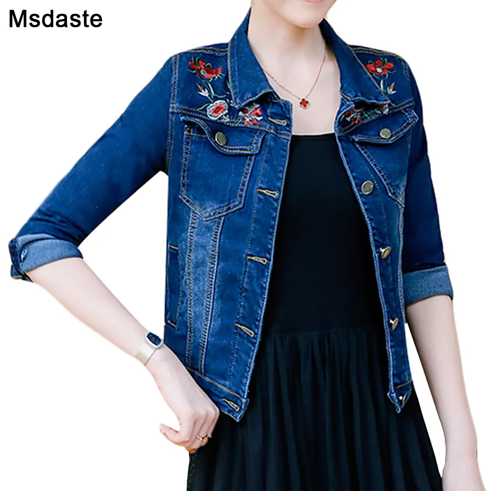 Women Denim Coat Embroidery New Short Basical Ladies Jeans Lady Jacket Full Sleeve Single Breast Slim Blue Black Womens Jackets