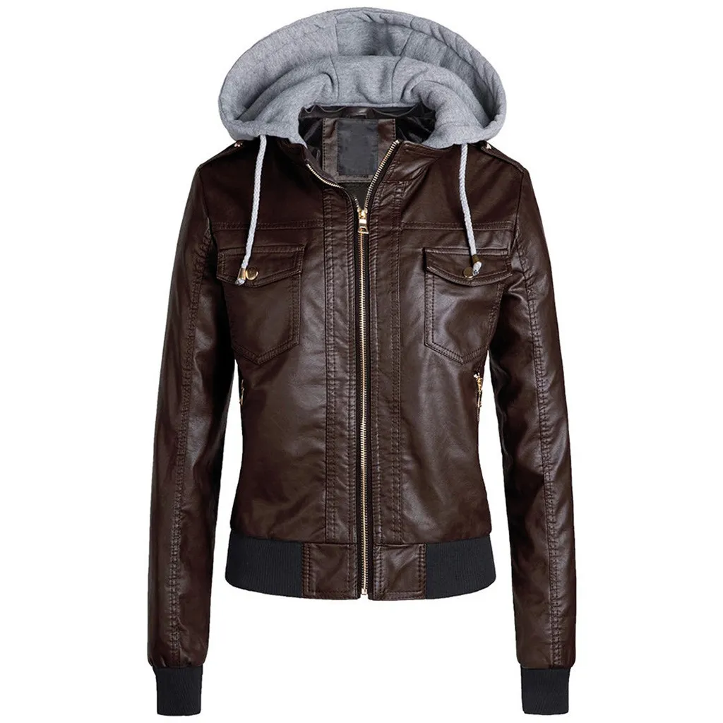 Mulheres magro jaqueta de couro womens hoodies inverno outono motocicleta jaqueta marrom Outerwear couro faux couro pu 2019 casaco quente # 60