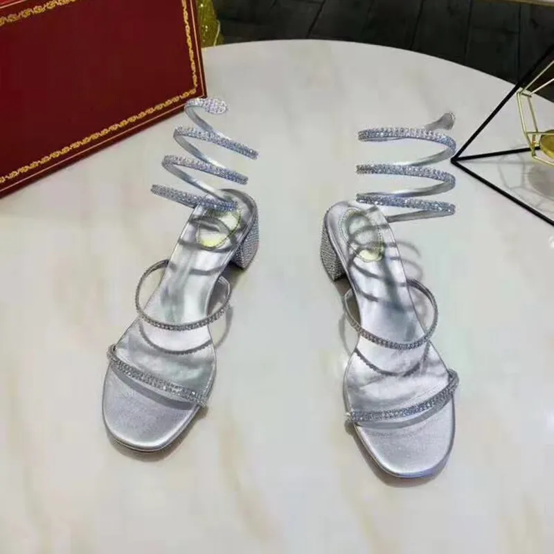 Sandalias de tacón grueso para mujer, sandalias de boda para fiesta, zapatos de cristales de verano, sandalias de punta abierta con tiras para mujer, estilo envolvente de serpiente