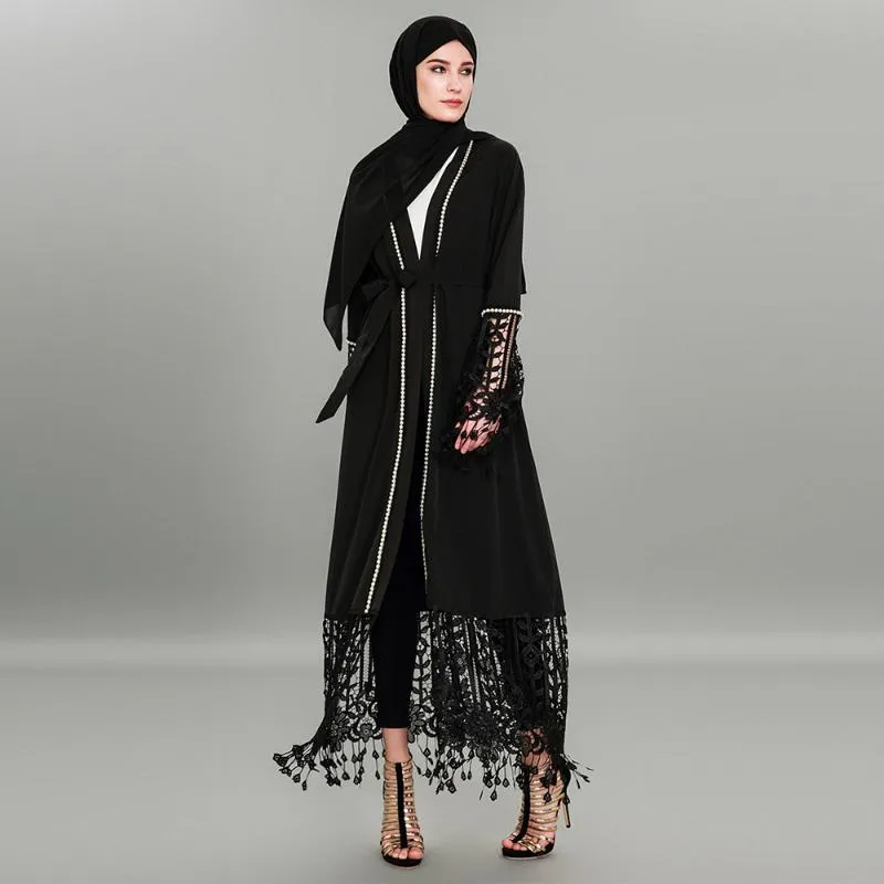 Vestido musulmán Abaya para mujer, cárdigan de encaje de retazos, vestido musulmán negro, Kaftan Dubai Hijab de talla grande 4XL, ropa islámica