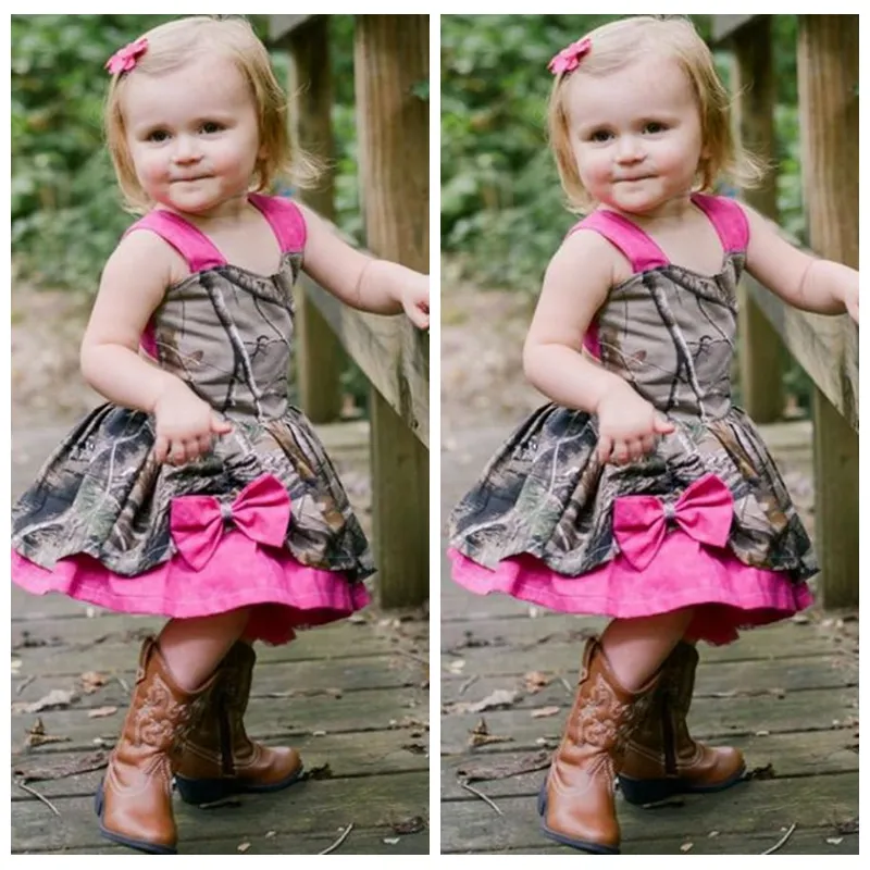 Uroczy Camo Baby Girl Dresses 2019 Różowe paski Bowknot Girls Pagewant Suknie Dzieci Boże Narodzenie Dresses Kwiat Dziewczyna Sukienka na ślub