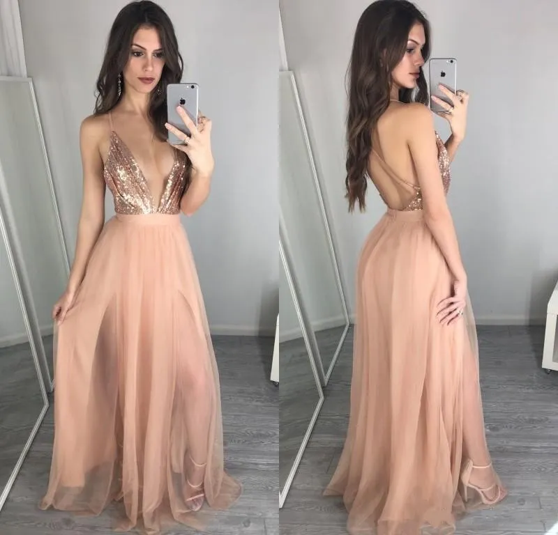 Únicos lentejuelas de oro rosa Vestidos de baile Sexy Cuello en V sin espalda Vestido de Únicos lentejuelas de oro rosa Vestidos de baile Sexy Cuello en V sin espalda Vestido de
