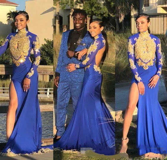 Royal Blue Black Girls Prom Dresses Mermaid Keyhole Front Złoty Koronki Długie Rękawy Para Dnia Suknie Wieczór Wear Slits Otwórz Back Bal Dress