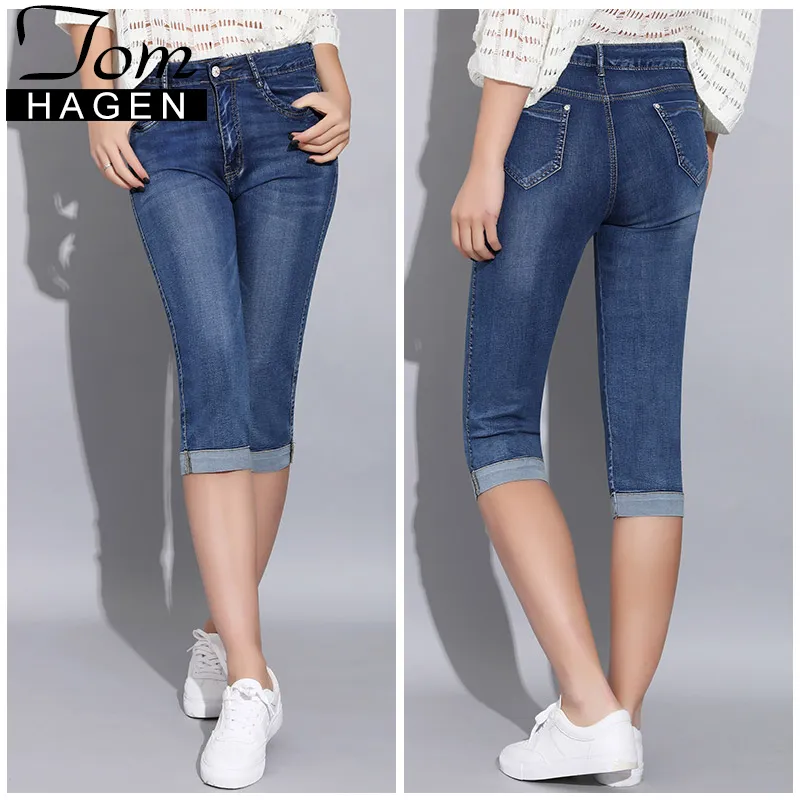 Tom Hagen 2019 Summer Skinny Jeans Donna pantaloni con jeans ad alta vita Donne più dimensioni Denim Denim Stretch Kind Knee Lunghezza J190426