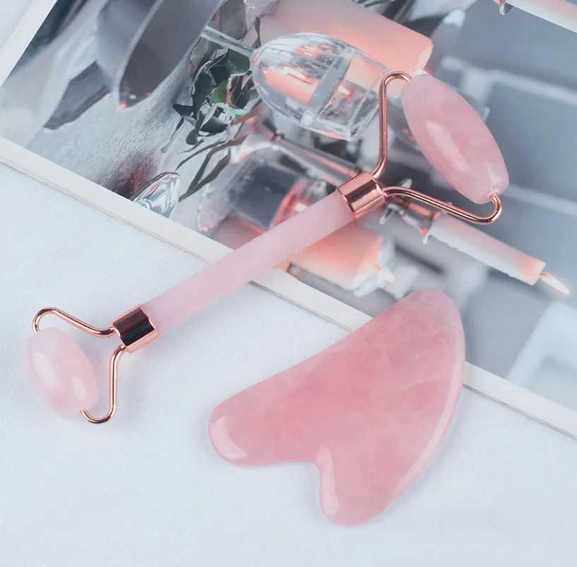 Rose Quartz Jade Roller voor gezicht gua sha set gezichtsgebied natuursteen massage anti-aging huidverzorging roller body eyes nek lymfed drainage gereedschap