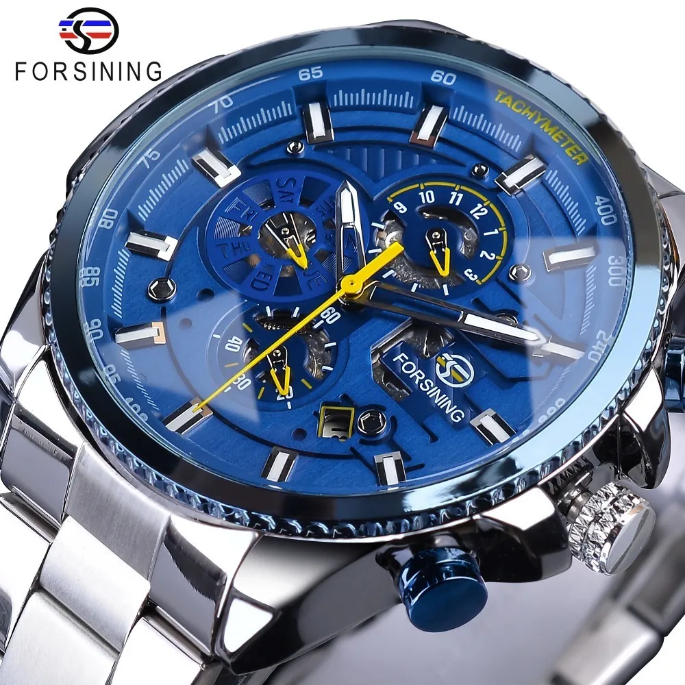 Forsining Blue Ocean Design Argent Acier 3 Cadran Calendrier Affichage Mens Automatique Mécanique Sport Montres Top Marque De Luxe J190706