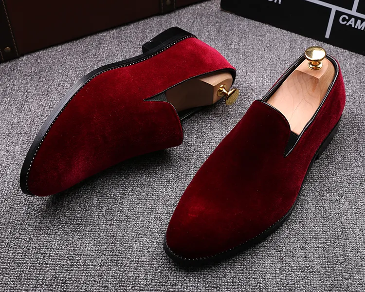 New mens velvet dress shoes loafers pointed wedding casual shoes Red green black shoes