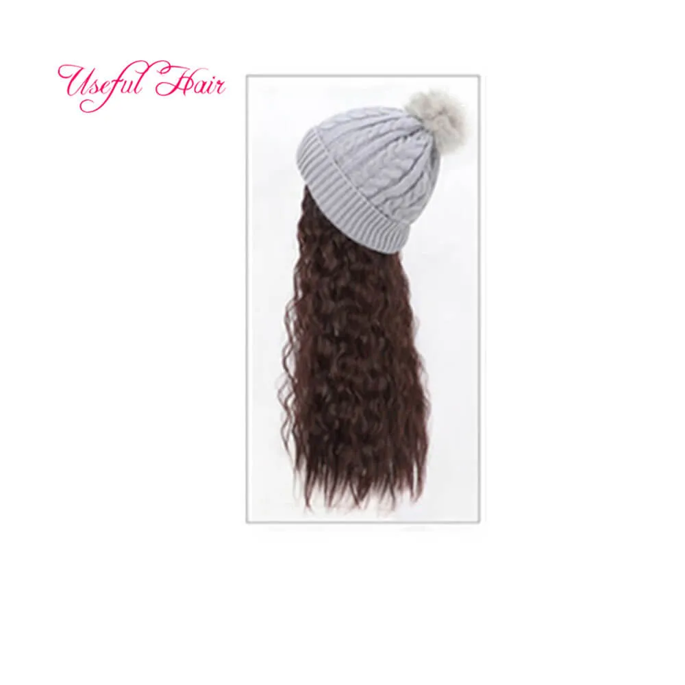 Newly Knitted wool hat knitted wool hat wig Synthetic Hair Warm Long Hair Wig Hat for Women Long Straight Wigs Synthetic Hair