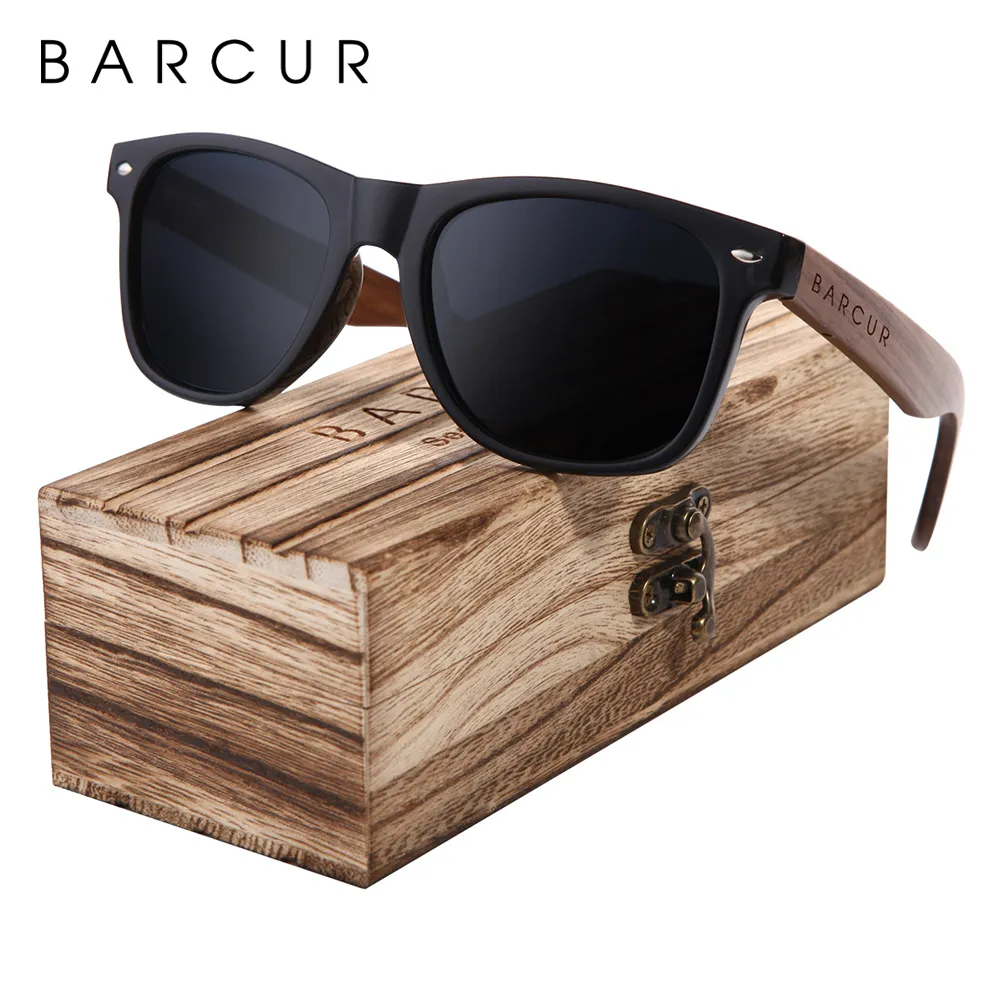 Barcur Black Walnut Solglasögon Trä Polariserade Solglasögon Män Glasögon Män UV400 Skydd Eyewear Trä Original Box T200619