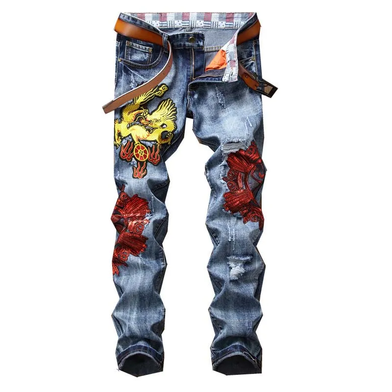 Newsosoo Mäns Ripped broderi Jeans Slim Fit Dragon Broderade Biker Denim Trousers Streetwear Jeans byxor för man