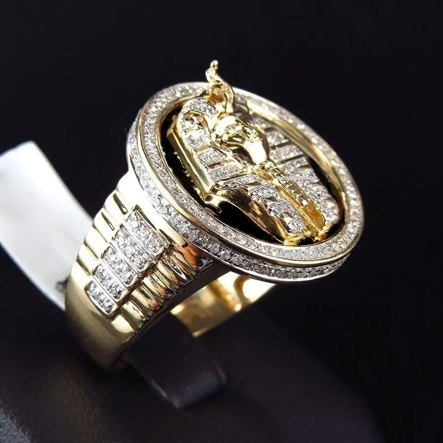 Wholesale-p Gold Silber Farbe Ägyptischer König Tutanchamun Ring Ägypten Pharao König Motor Biker Herren Icro Paved Stone Runde Ringe