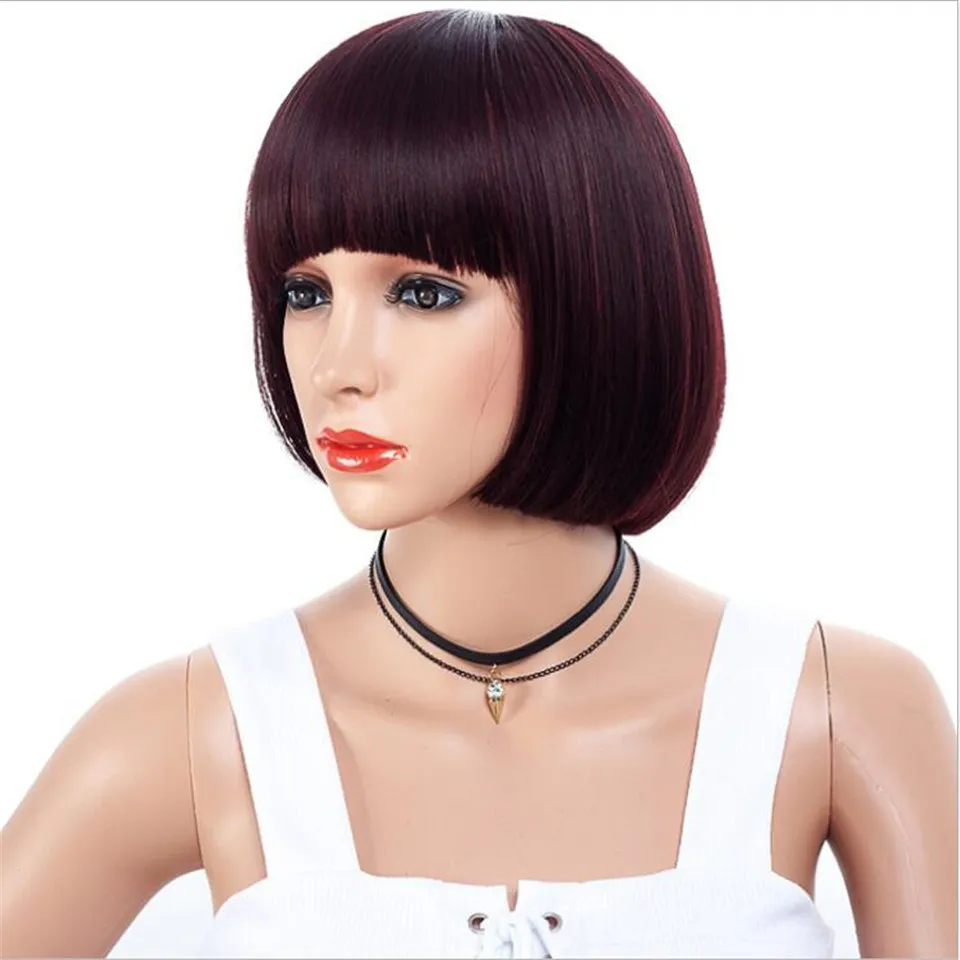 Synthetisch Korte Bob Pruik Middle Part Wine Red Pruik voor Dames Straight Hair Pruiken Party Cosplay