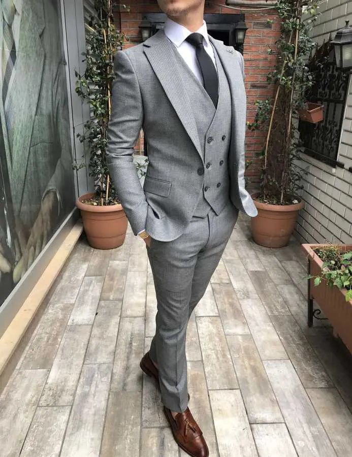 Custom Made Groomsmen Notch Lapel Groom Tuxedos Light Grey Blue Men Suits Wedding/Prom/Dinner Best Man Blazer ( Jacket+Pants+Tie+Vest ) H25