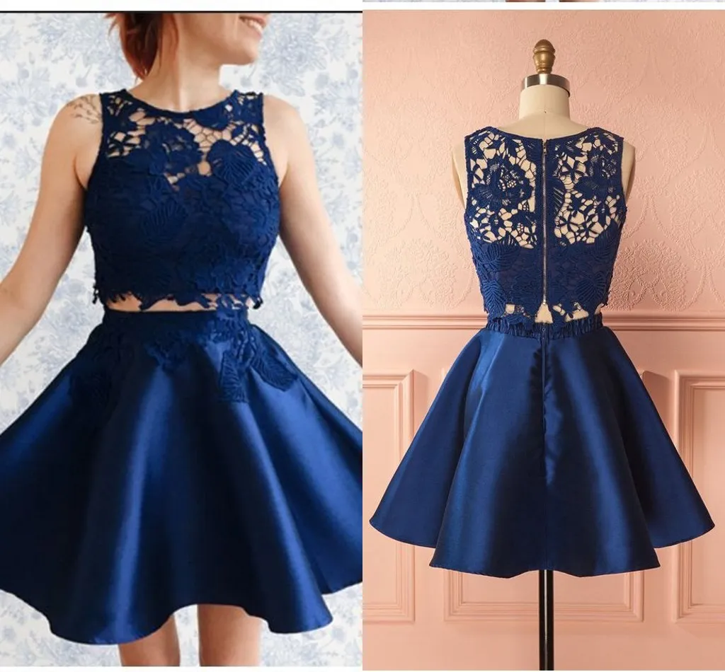 2019 azul marinho laço de formatura vestidos de baile curto 2 peças sheer decote oco volta a linha de cetim vestido de baile festa vestidos de cocktail