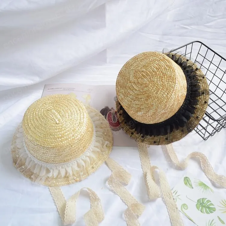 New Fashion child sun hat Cute girls sun hats bow hand made women straw cap beach big brim hat casual lace summer cap