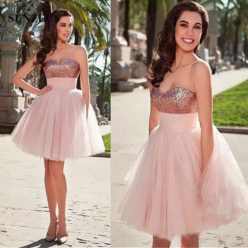 Rose Gold Sequins Sweetheart Short Prom Dress With Puffy Light