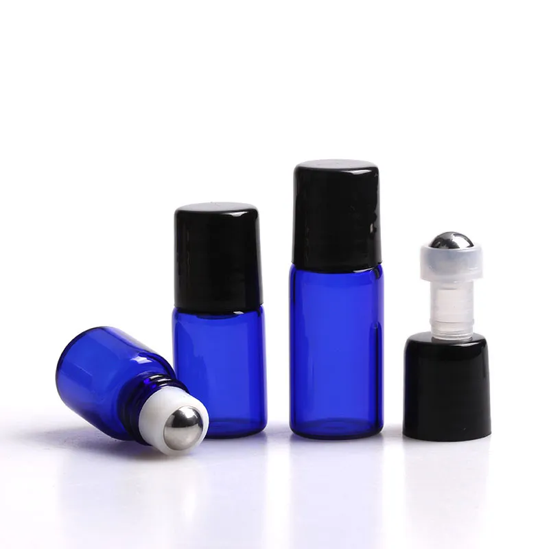 Fast Shipping 1ml 2ml 3ml Glass Metal Roller Bottles Blue Glass Essential Oil Bottle Vial Glass Roll On Bottles For Sale