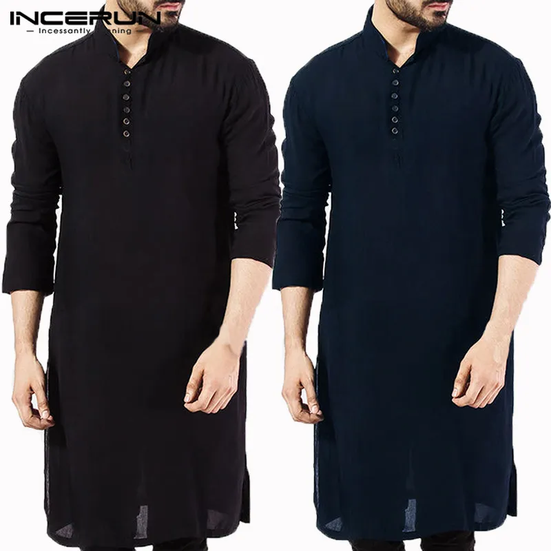 INCERUN Casual Men Shirt Cotton Long Sleeve Stand Collar Vintage Solid Stitched Long Tops Indian Kurta Suit Pakistani Shirt 5XL