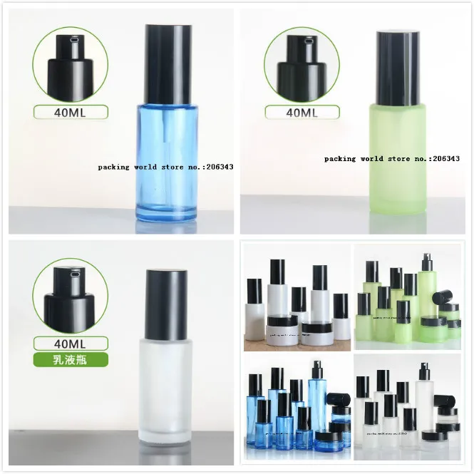 40 ml Frosted / Green / Blue / White Glass Fles met zwarte pompdeksel voor serum / lotion / emulsie / stichting / huidverzorging Cosmetische verpakking