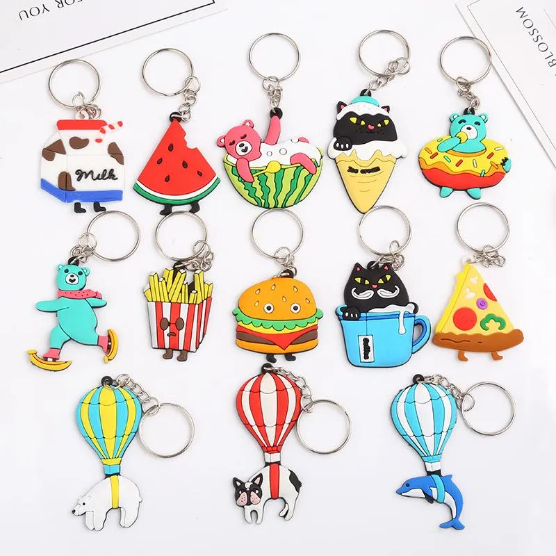 50pcs/Lot Cartoon Pvc Dolphin Hamburger Animal Key Chain Key Ring Women Bag Pendant Keychain Key Holder Fashion Charms Trinket