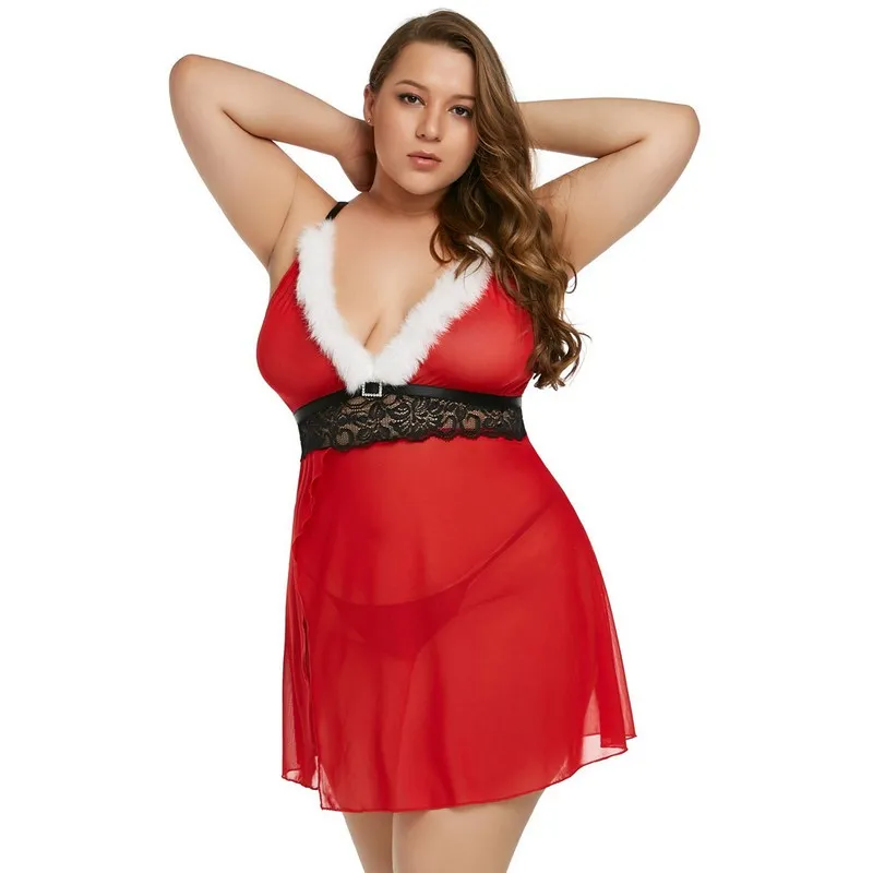 Weihnachtliches rotes Damen-Dessous-Set in Übergröße 1X-5X aus Spitze und Netzstoff mit durchsichtigem Schlitz und G-String-Babydoll, sexy Nachtwäsche, Chemise-Kleid mit weißem Fell