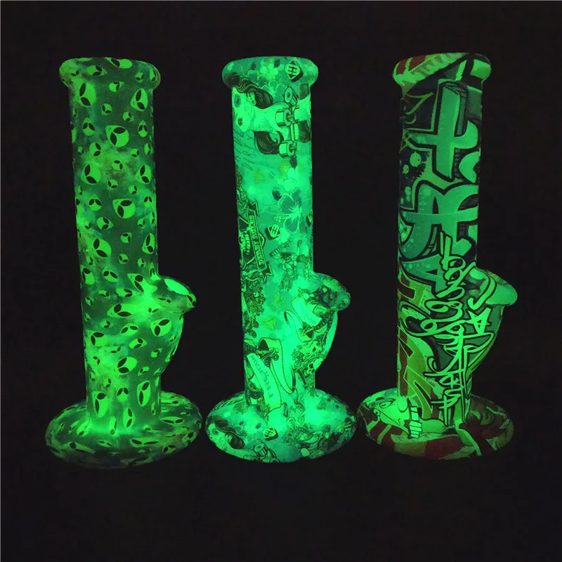 10 inch glow in the dark silicone water bong with 14mm glass joint unbreakable color pattern wax oil dabs dry herbs tobacco smoking