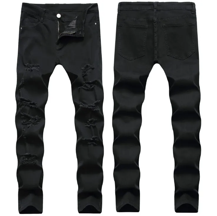 Heren jeans Stretch gaten Denim Volledige lengte Zwarte knie met gat geripte broeken mode