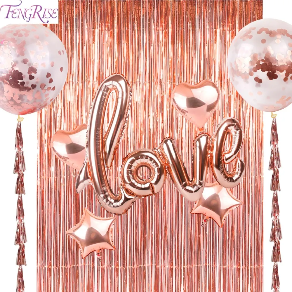 FENGRISE 92*245cm Rose Gold Party Decoration Shimmering Foil Fringe Tinsel Door Curtain Wedding Birthday Photo Backdrop Supplies