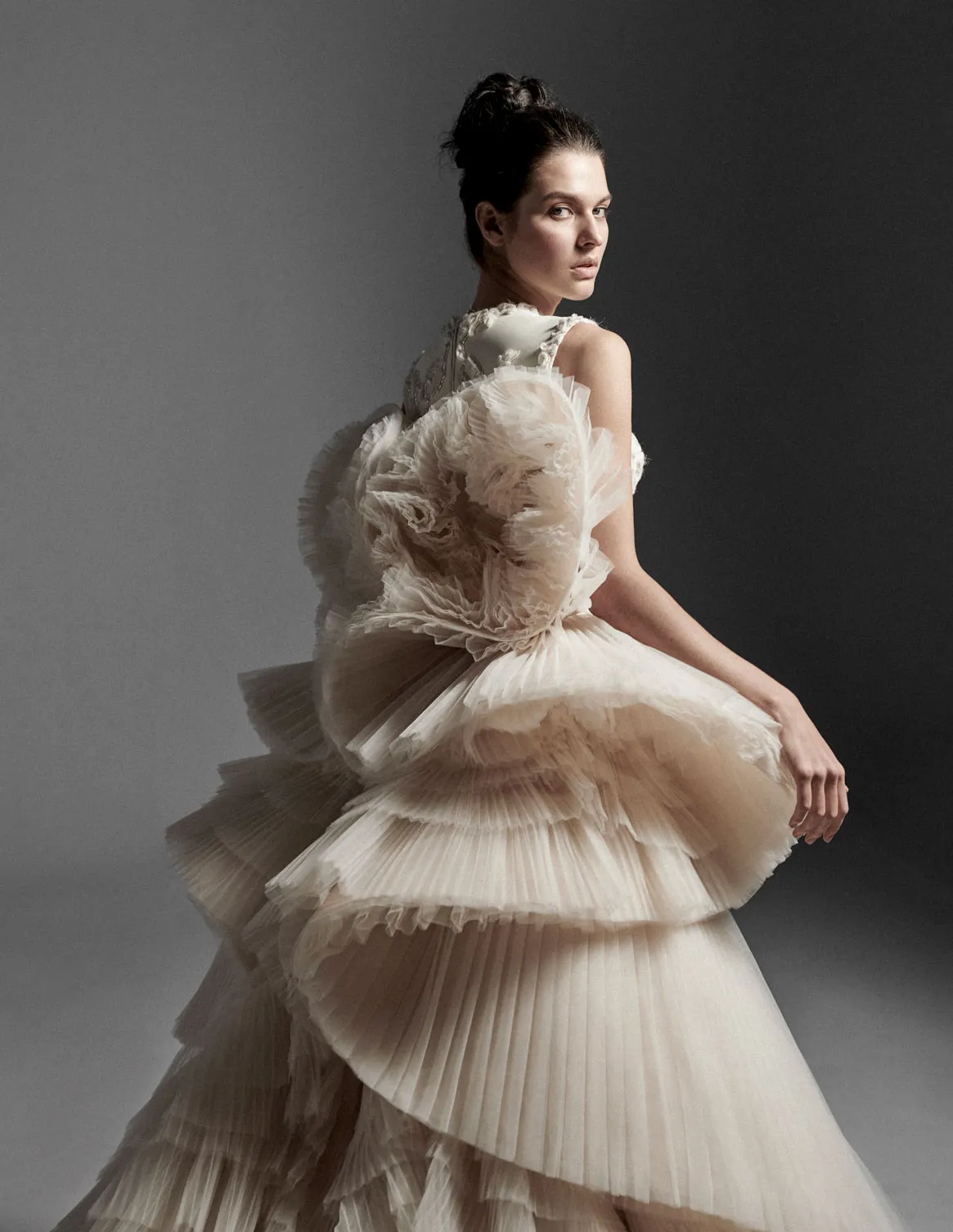 Custom-made Bohemian layered wedding dress with Detachable Train, Tulle Ruffles, Tiered Skirt, and High-Low Hemline Custom-made Bohemian layered wedding dress with Detachable Train, Tulle Ruffles, Tiered Skirt, and High-Low Hemline