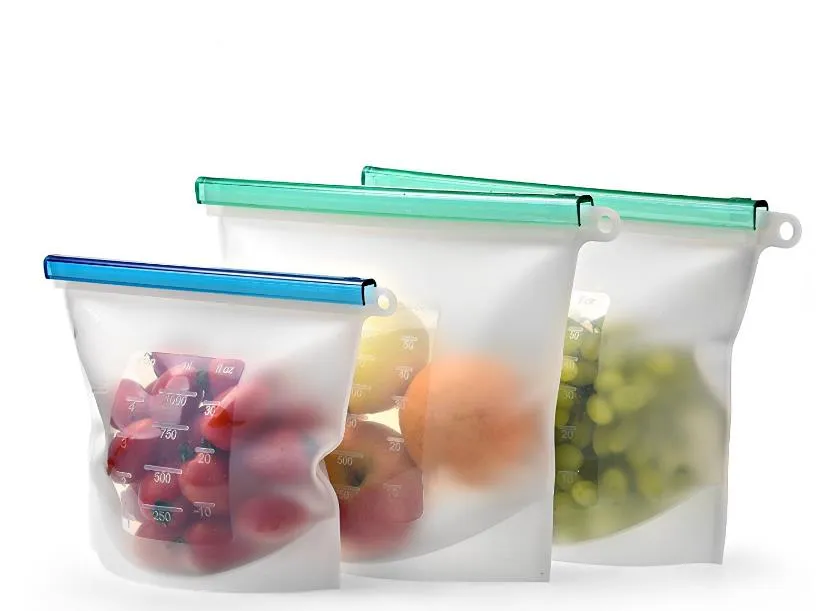 Sacs alimentaires réutilisables en silicone pour épicerie Sac à lunch frais Sandwich Collation Liquide Congélateur Sacs Hermétique Joint Légumes Fruits Sacs De Stockage 1000ml nouveau