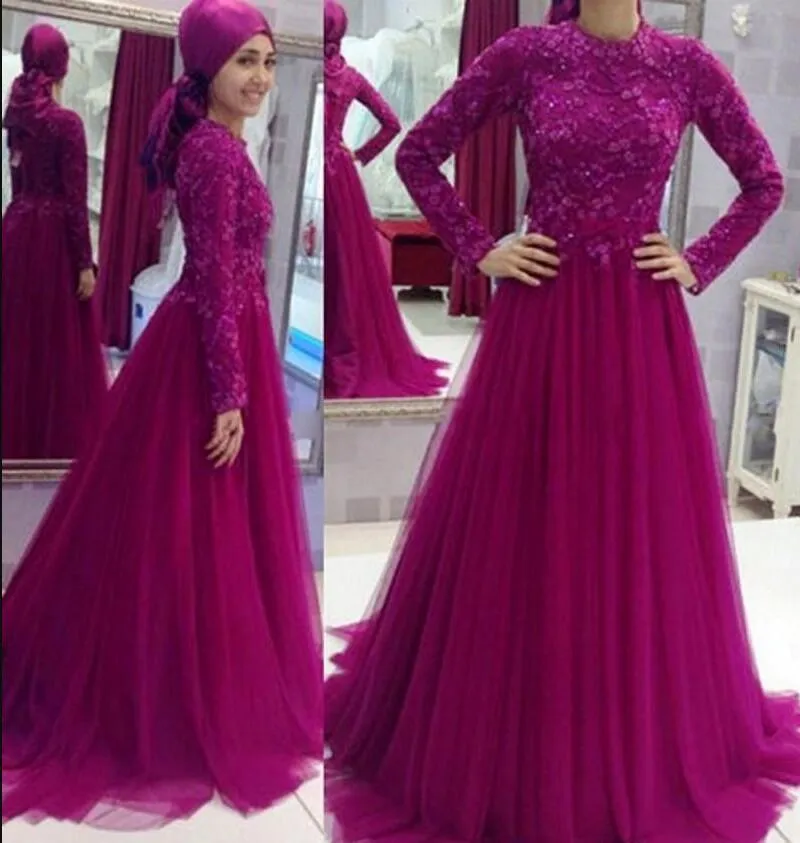 2020 fachisa arabe musulman violet robes de soirée bijou cou une ligne dentelle appliques tulle étage longueur robes de soirée de bal sur mesure