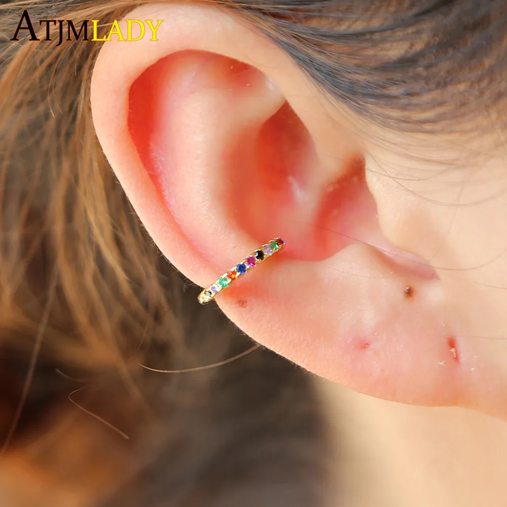 Brincos Earcuff 925 Sterling Delicado Rainbow Cz Brincos Pequeno Tamanho Little Girl Brinco Cuff Orelha Cores Micro Pave Círculo